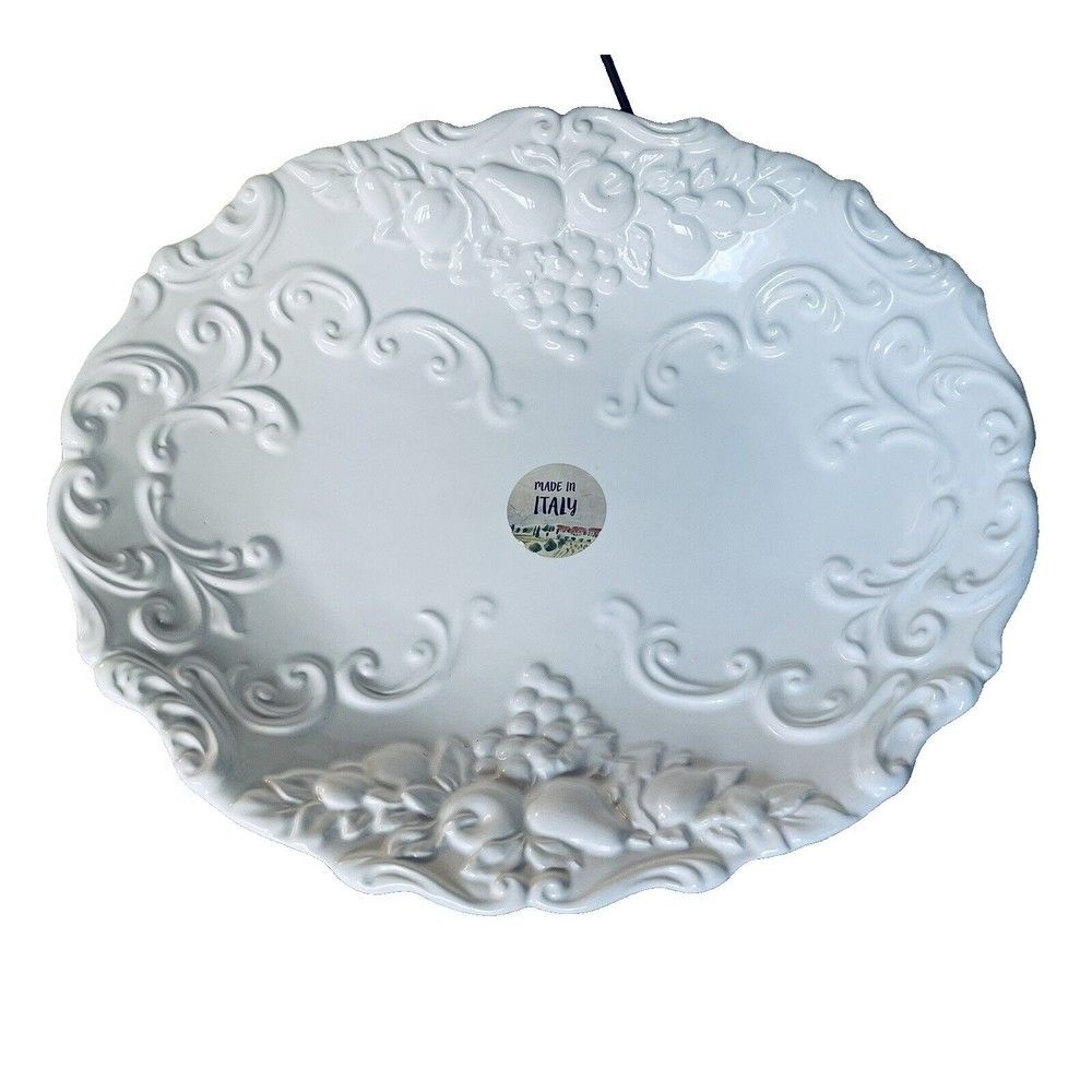 Salad Plate Platter 14" X 12" Embossed Oval Hand Made Fruits Scroll White Italy